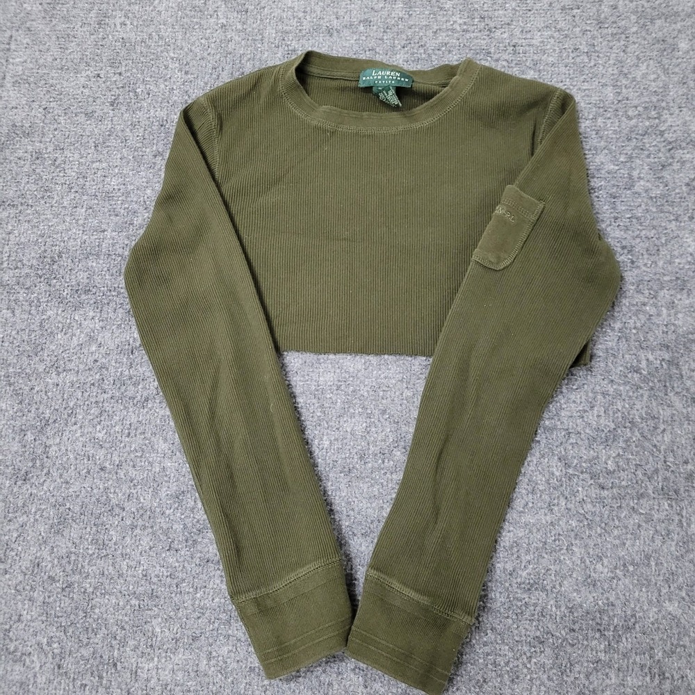 Lauren Ralph Lauren Top Womens Size P Olive Green Ribbed Cotton Cropped Utility